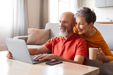 Tech-Savvy Seniors. Happy Older Couple Using Laptop Together At Home