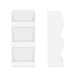 Blank POS Display Stand Mockup, Front And Side View, Isolated on White Background. Vector Illustration