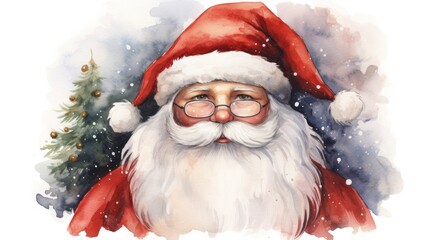  a watercolor painting of a santa clause wearing glasses and a santa hat with a christmas tree in the background.
