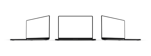 Modern Black Laptop Computers Mockups, Front And Side View, Isolated On White Background. Vector Illustration - obrazy, fototapety, plakaty