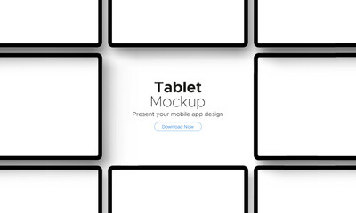 Fototapeta na wymiar Black Tablet Computers With Blank Screens. Mockup For Showing App Design, Isolated on White Background. Vector Illustration