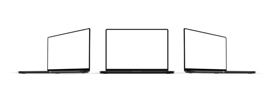 Modern Black Laptop Computers Mockups, Front And Side View, Isolated On White Background. Vector Illustration