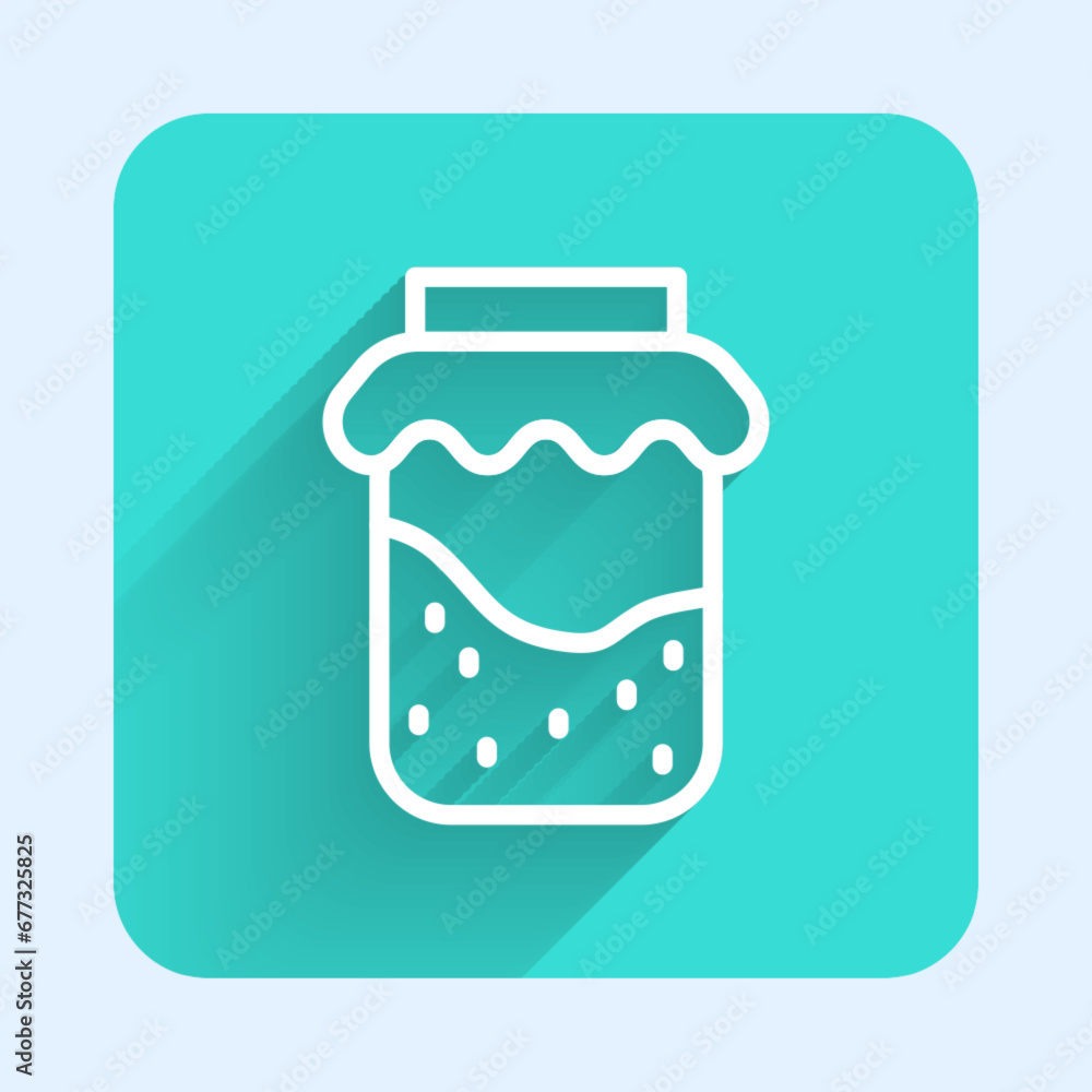 Poster white line jam jar icon isolated with long shadow. green square button. vector