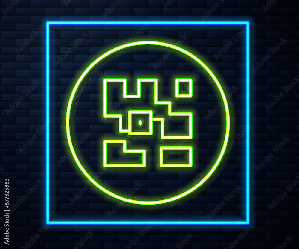 Poster glowing neon line qr code sample for smartphone scanning icon isolated on brick wall background. vec