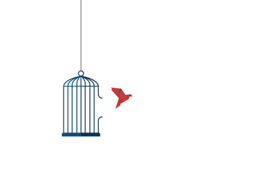 Flying bird and cage. Freedom concept. Emotion of freedom and happiness. Minimalist style. - obrazy, fototapety, plakaty