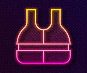 Glowing neon line Life jacket icon isolated on black background. Life vest icon. Extreme sport. Sport equipment. Vector