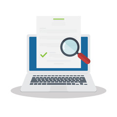 Online digital document inspection or assessment evaluation on laptop computer, contract review, analysis, inspection of agreement contract, compliance verification.