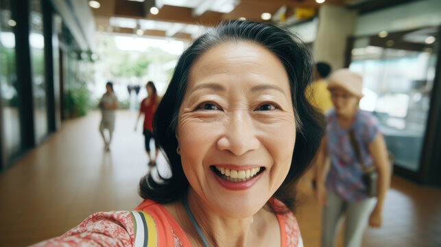 Closeup selfie portrait of happy smiling senior asian woman indoor
