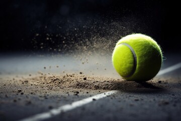 A close-up of a tennis ball with chalk dust, post-line call - obrazy, fototapety, plakaty