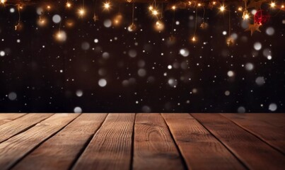 Christmas background with empty rustic table, AI generator