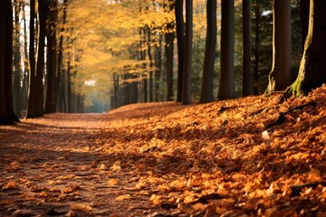 A carpet of fallen autumn leaves on a slight incline in a forest