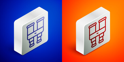 Isometric line Binoculars icon isolated on blue and orange background. Find software sign. Spy equipment symbol. Silver square button. Vector