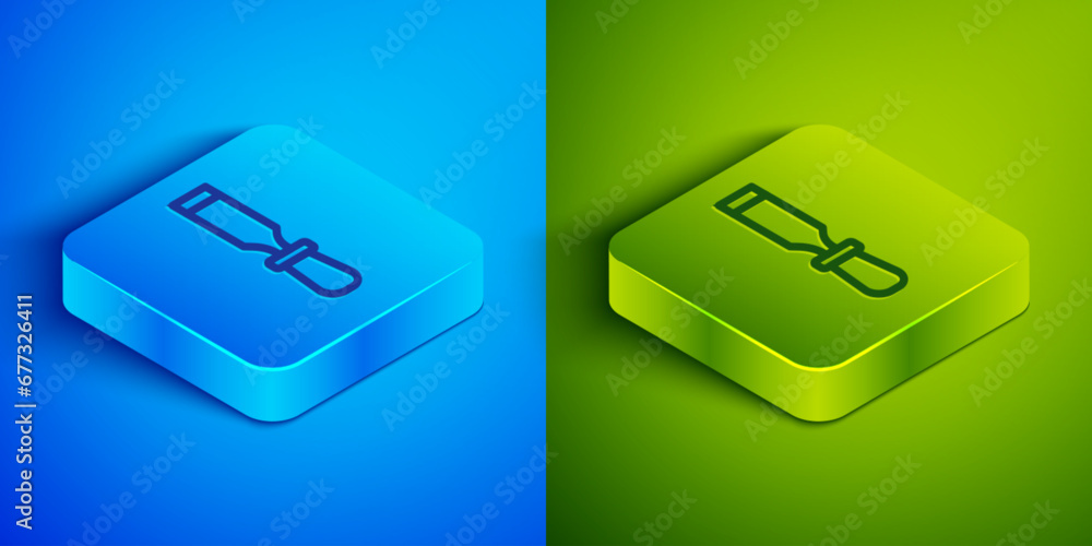 Poster isometric line chisel tool for wood icon isolated on blue and green background. square button. vecto