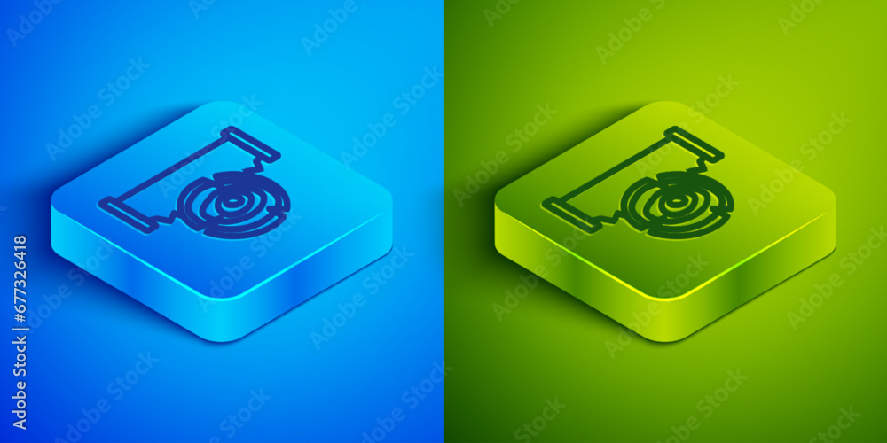 Poster isometric line two-handed saw and log icon isolated on blue and green background. square button. vec
