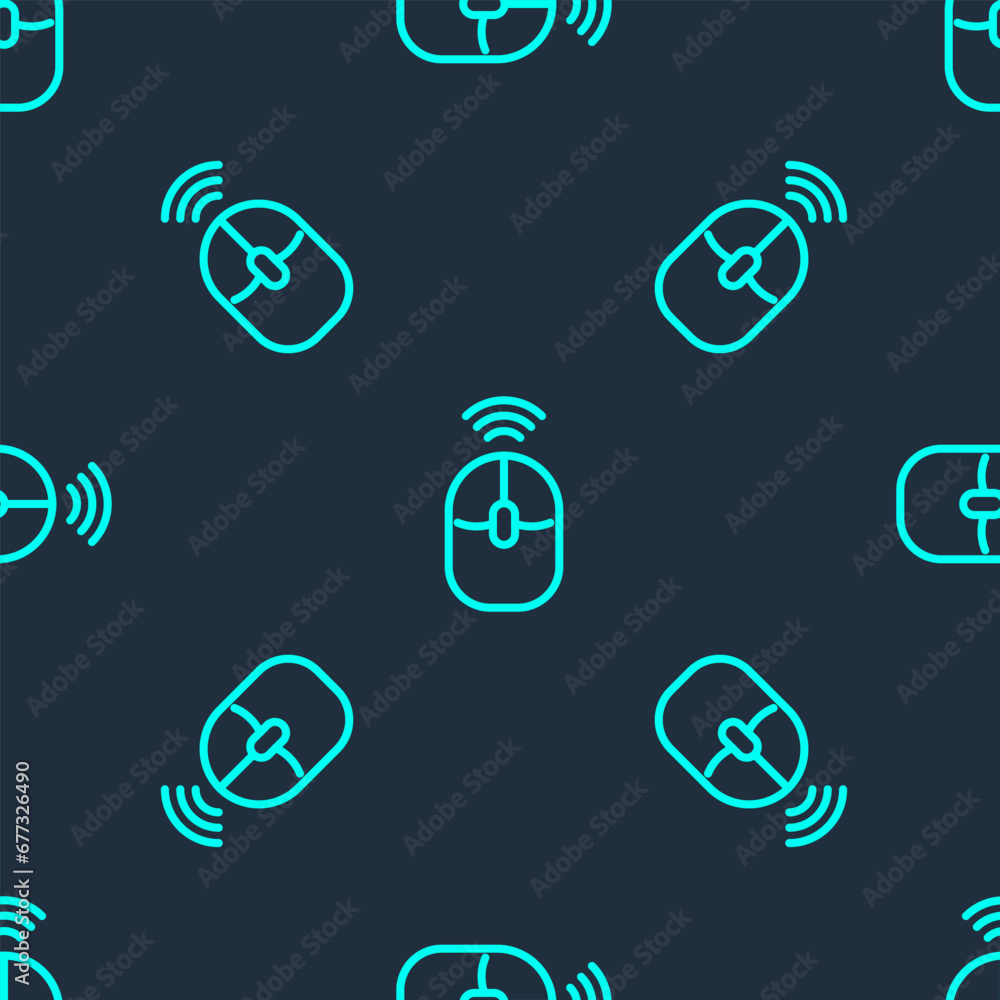 Poster green line wireless computer mouse icon isolated seamless pattern on blue background. optical with w