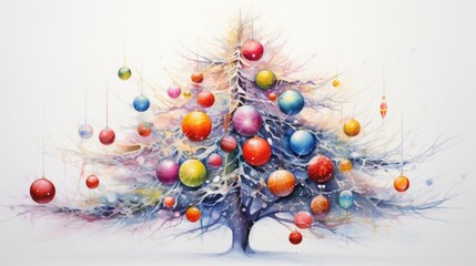  a painting of a colorful christmas tree with ornaments hanging from it's branches and a white wall in the background.