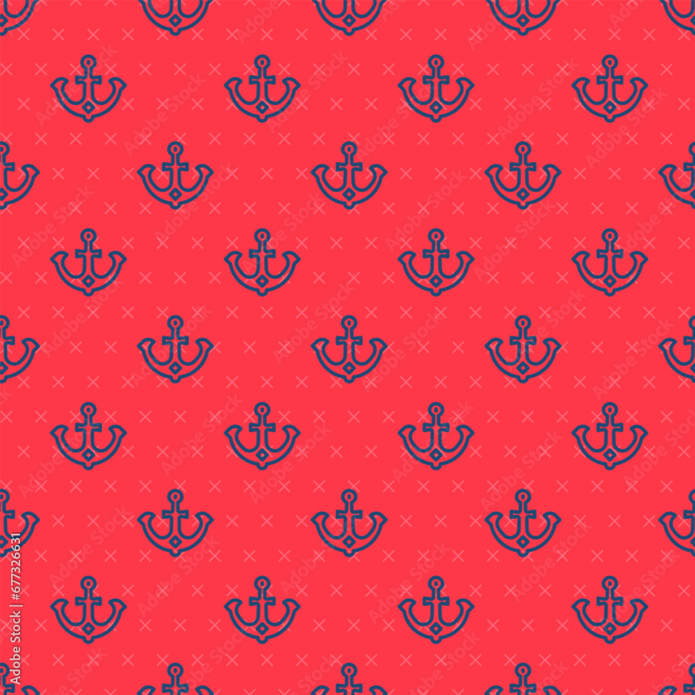 Poster blue line anchor icon isolated seamless pattern on red background. vector