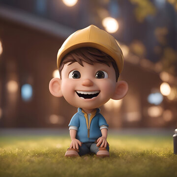 3d rendering of a cute little boy sitting on the grass in the city