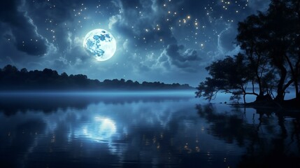 Fototapeta na wymiar a full moon is seen reflected in water on a night