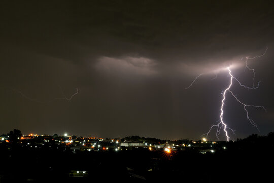 Beautiful Lightning bolt strike Over Kempton Park, Stunning and dangerous power energy that exists in nature as a storm passes over with heavy rain fall and storms