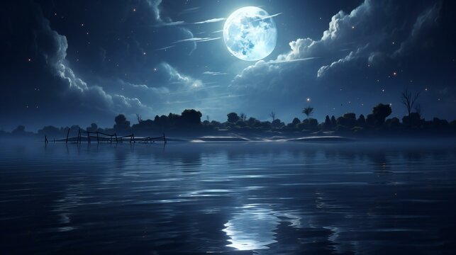 a full moon is seen reflected in water on a night