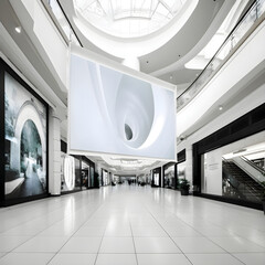 Interior of modern shopping mall with white walls and tiled floor