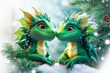 Obraz premium Couple of the fantasy cute green dragons.