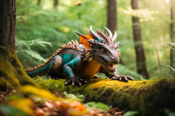Fantasy cute green dragon in the wild forest.