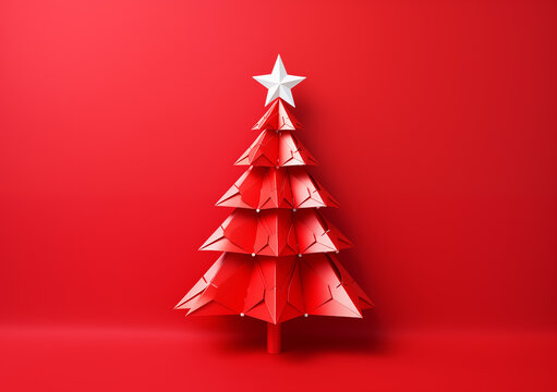 A Christmas tree with folded paper on a red background 