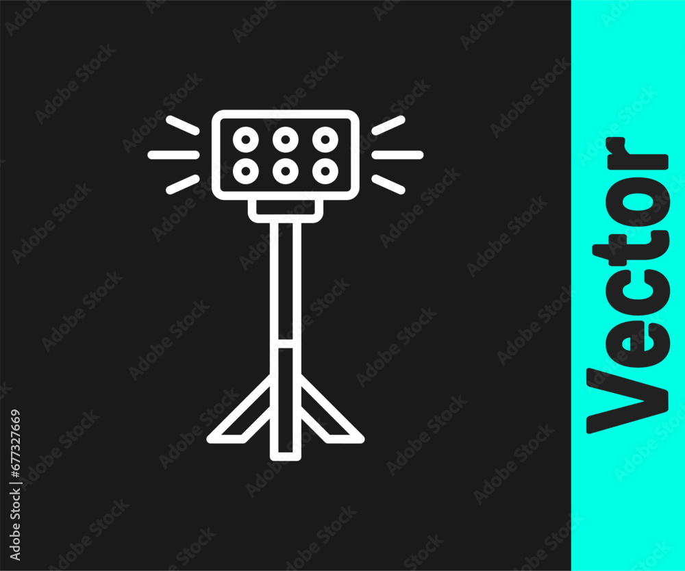Poster white line studio light bulb in softbox icon isolated on black background. shadow reflection design.