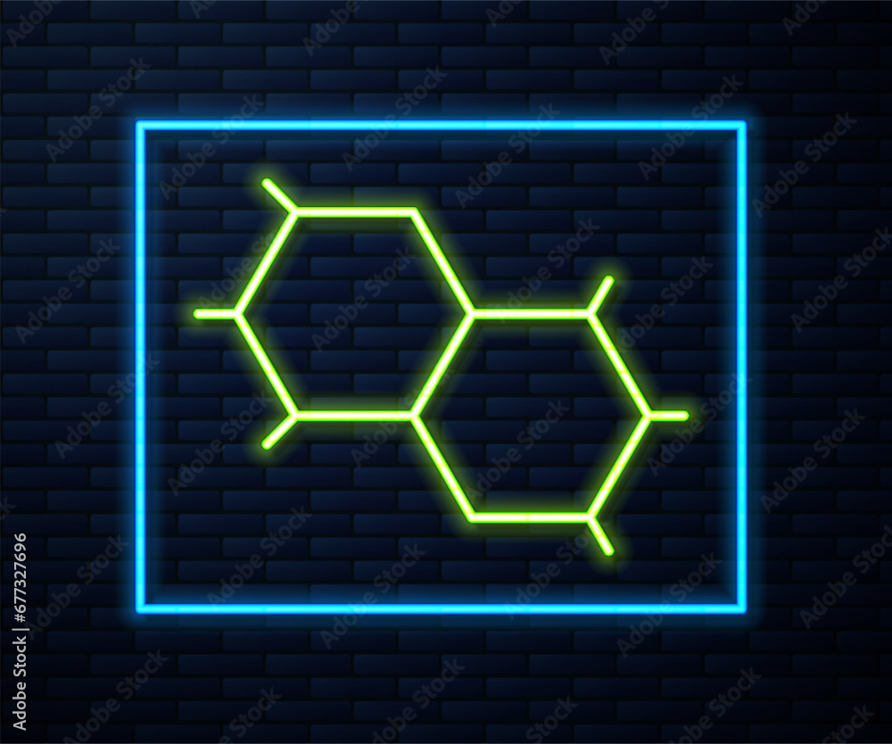 Poster glowing neon line chemical formula icon isolated on brick wall background. abstract hexagon for inno