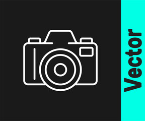 White line Photo camera icon isolated on black background. Foto camera. Digital photography. Vector