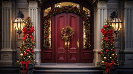  a red front door decorated for christmas with wreaths and wreaths on the front and side of the door.
