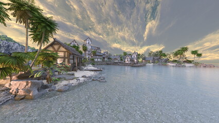 島の突端にある集落　3DCG レンダリング © tsuneomp