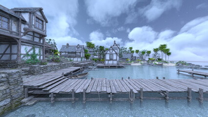 島の突端にある集落　3DCG レンダリング © tsuneomp