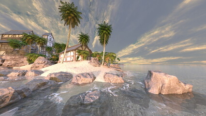 島の突端にある集落　3DCG レンダリング © tsuneomp