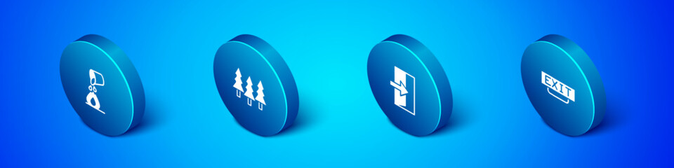Set Isometric Bucket extinguishing fire, Fire exit, and Forest icon. Vector
