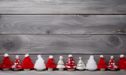 Fototapeta premium Humorous red, gray and white wooden Christmas background with Santa hats for frame, Ai generator