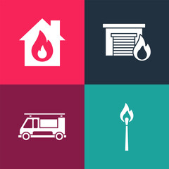 Set pop art Burning match with fire, Fire truck, burning garage and house icon. Vector
