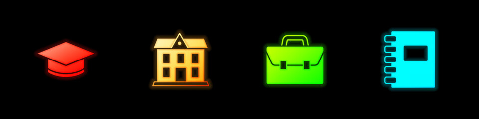 Set Graduation cap, School building, Briefcase and Spiral notebook icon. Vector