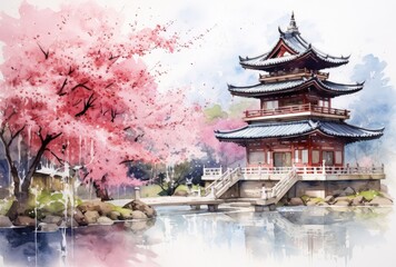 Tranquil Japanese-inspired Three-Story Building with Cherry Blossom Tree and Colorful Flowers by Water