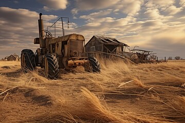 Abandoned farmland with dusty farm equipment