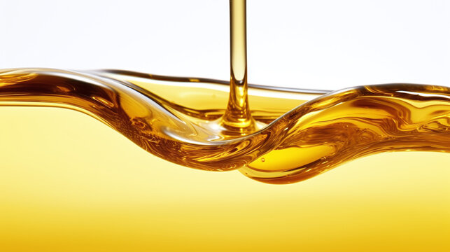 Beautiful golden yellow cooking oil or honey is poured into the picture from above against a white background

