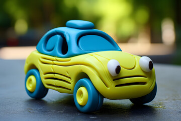 plasticine cartoon car in the city. a funny little car is parked on the street.