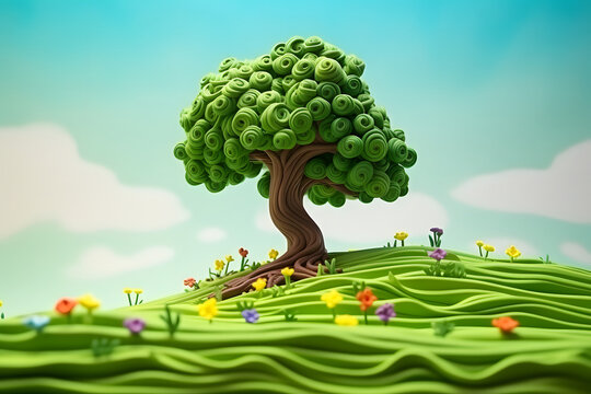 plasticine cartoon landscape with trees, river and flowers