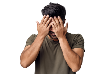 A man in despair covering his face with his hands, tired and sick expression, headache, lost money. Isolated on transparent background PNG.