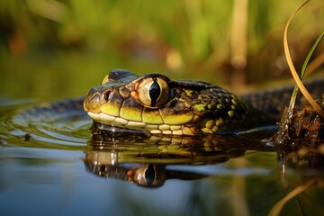 Fototapeta premium A garter snake poking its head out of a freshwater pond