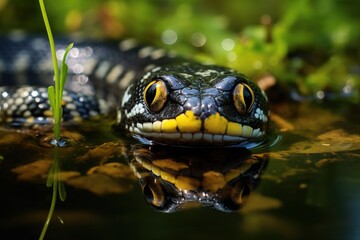 Fototapeta premium A garter snake poking its head out of a freshwater pond