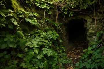 A hidden cave mouth in a ravine wall overgrown with vines and ivy - obrazy, fototapety, plakaty