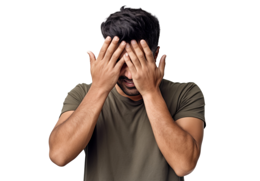 A man in despair covering his face with his hands, tired and sick expression, headache, lost money. Isolated on transparent background PNG.